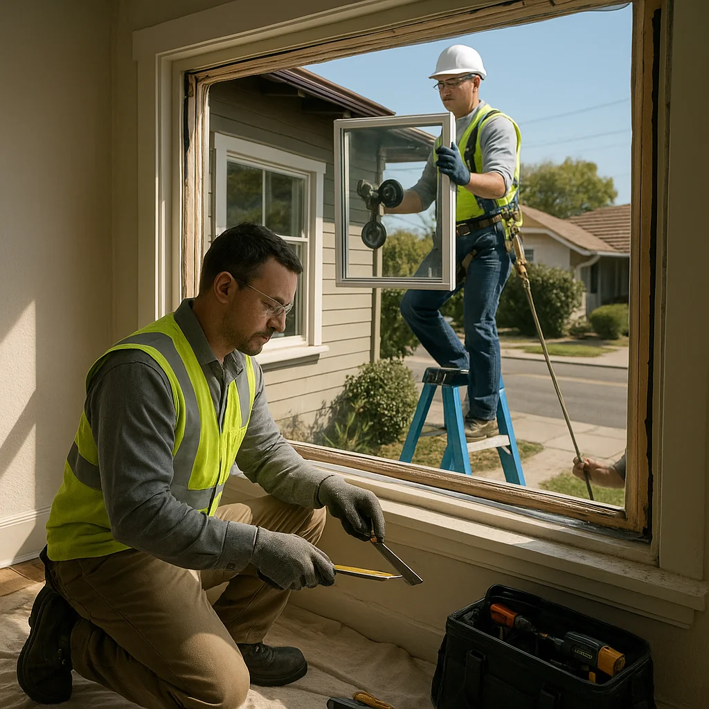 Technician measuring and preparing double hung window frame for replacement installation project in home