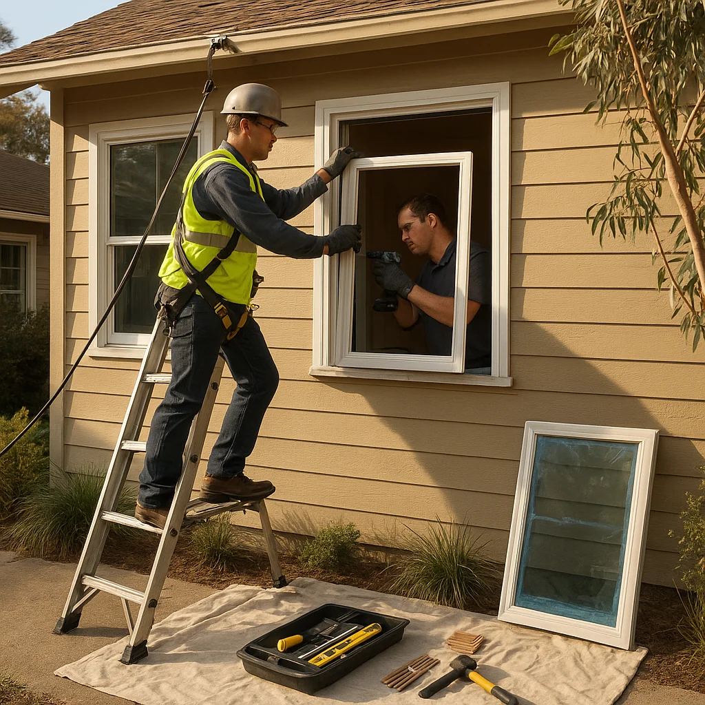 Homeowner and window specialist discussing double hung window replacement options