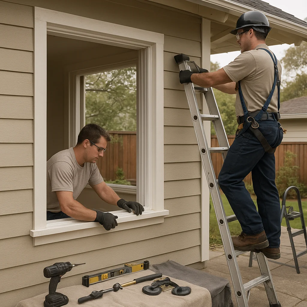 Technician installing new double hung window in residential opening