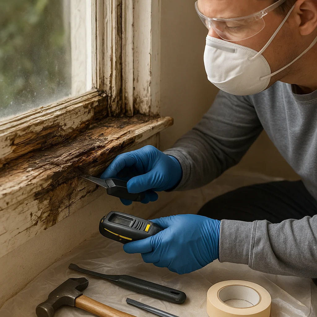 Close-up of deteriorated double hung window frame showing water damage and rot