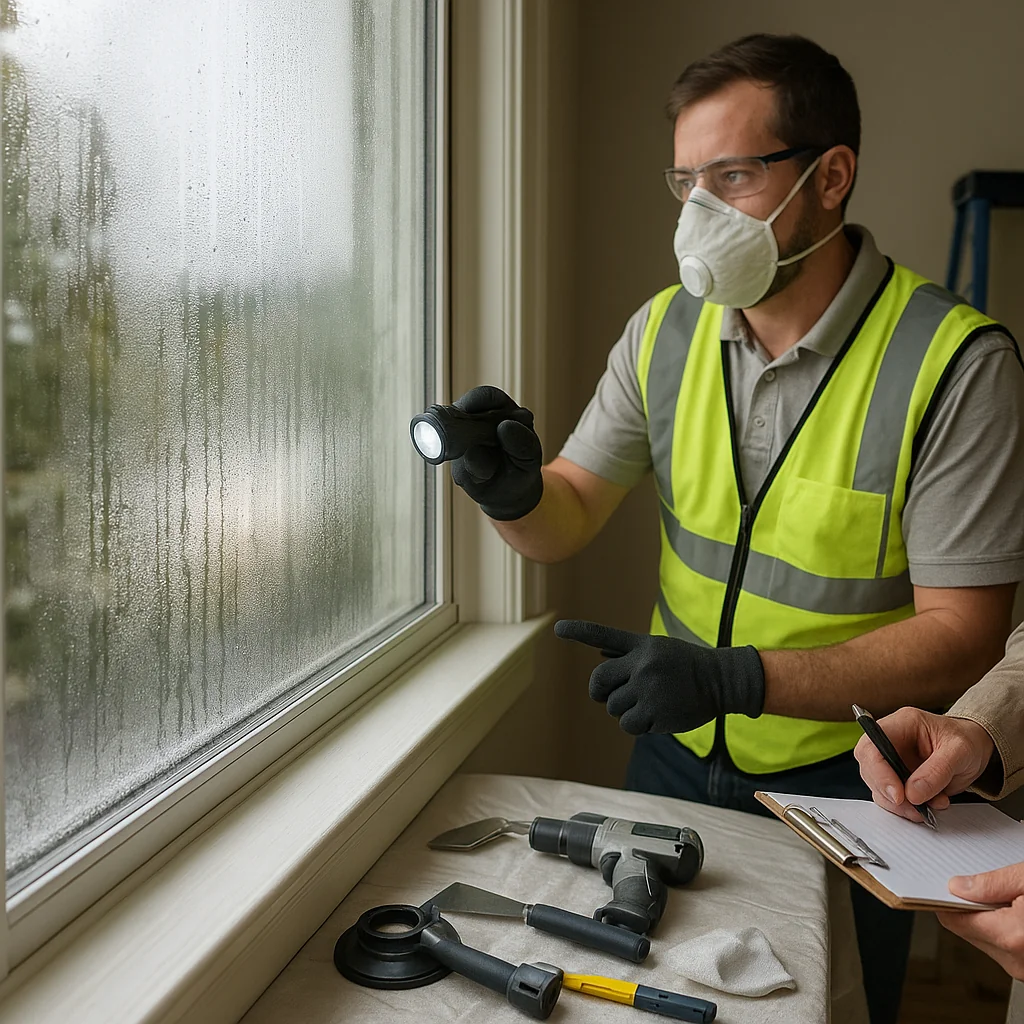 Interior view of condensation buildup between double hung window panes