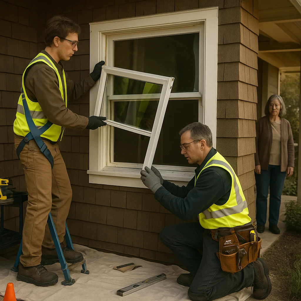 Professional technician performing careful installation of double hung window with proper safety equipment