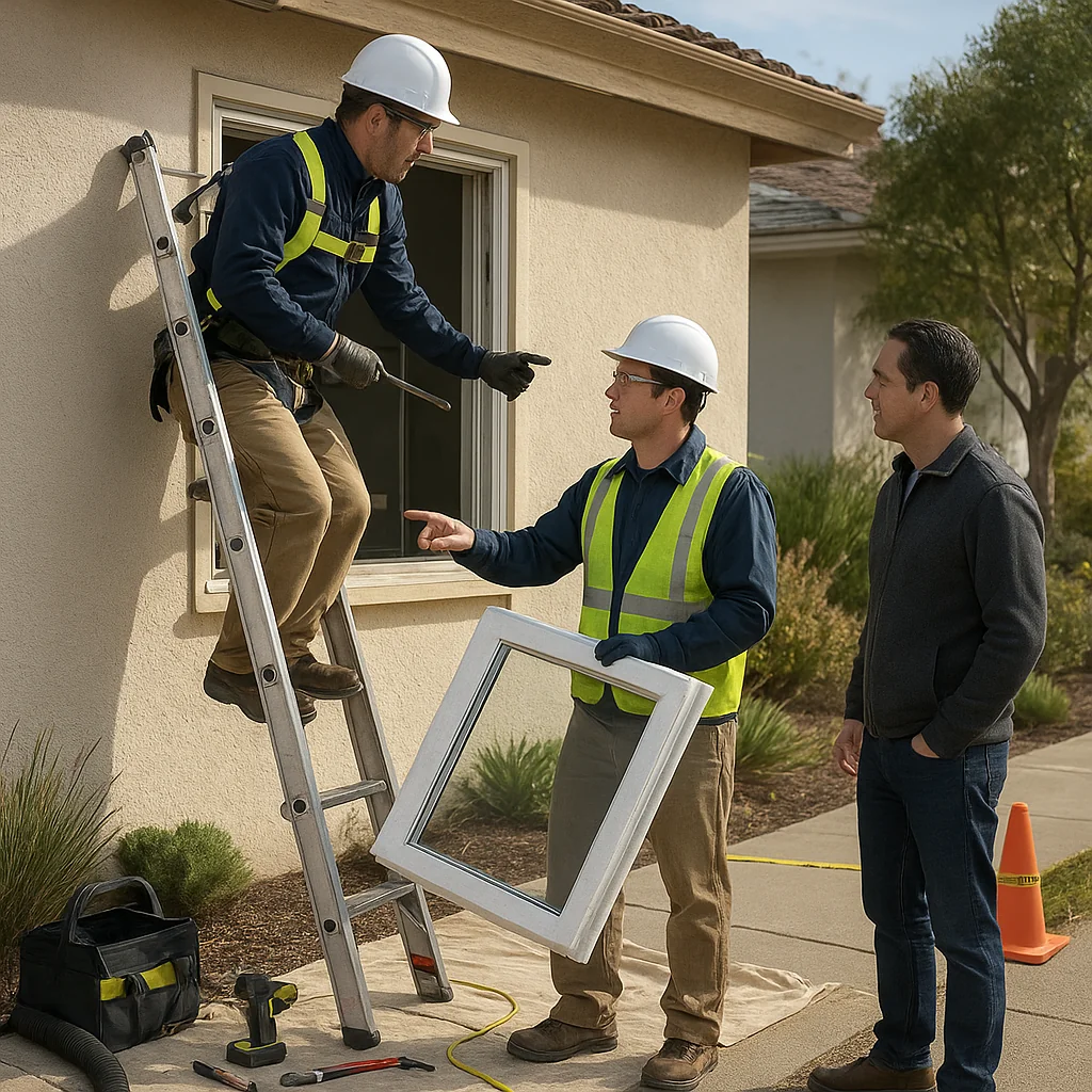 Professional egress window installation with contractor measuring opening and checking building code compliance