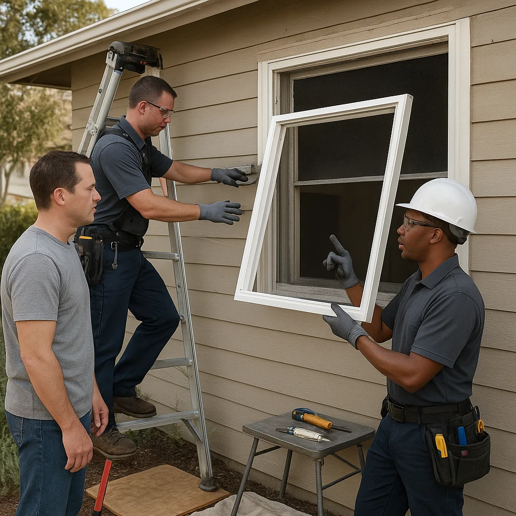 Professional technician installing egress window well in basement with proper sill height clearance