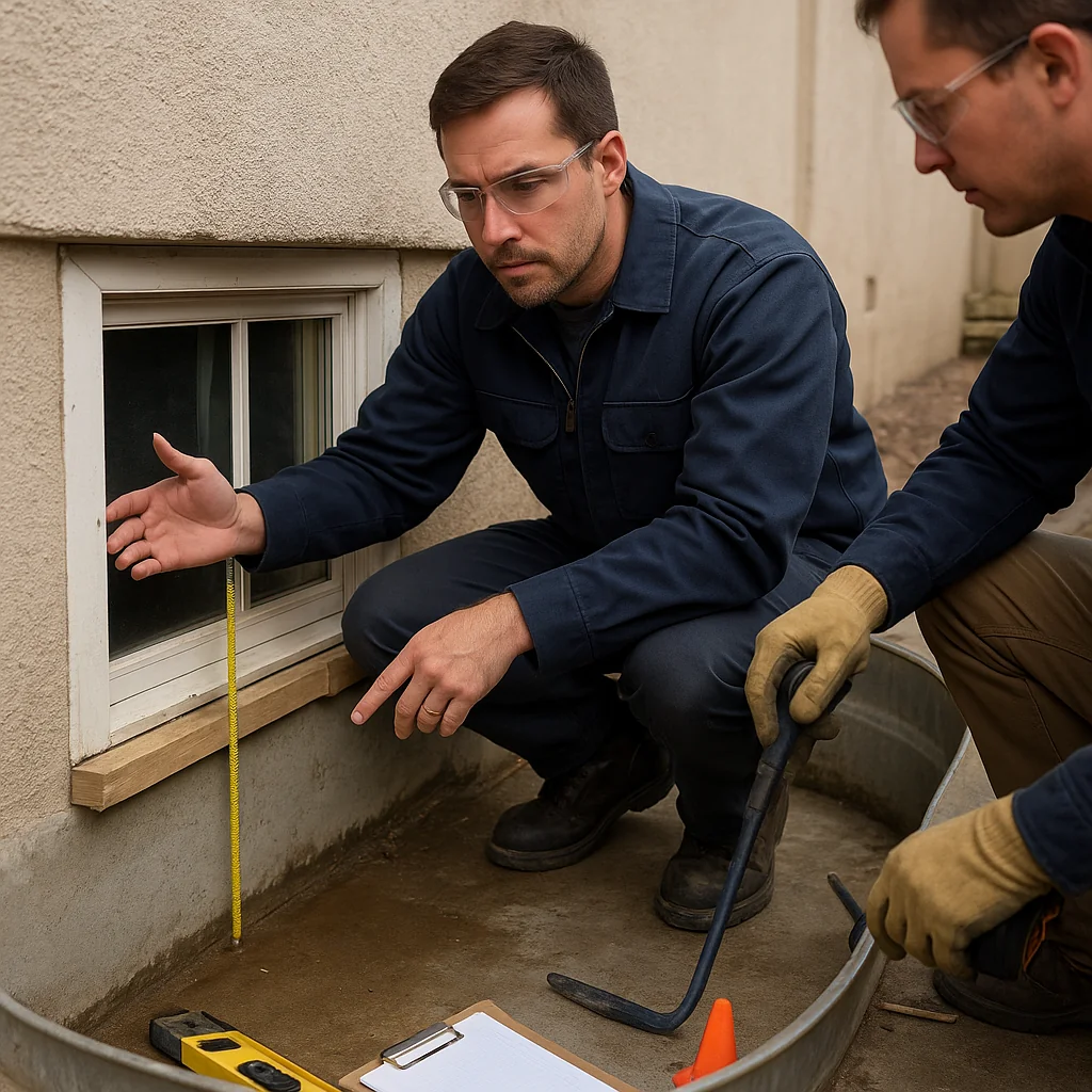 Basement bedroom window well showing inadequate depth and improper sill height clearance