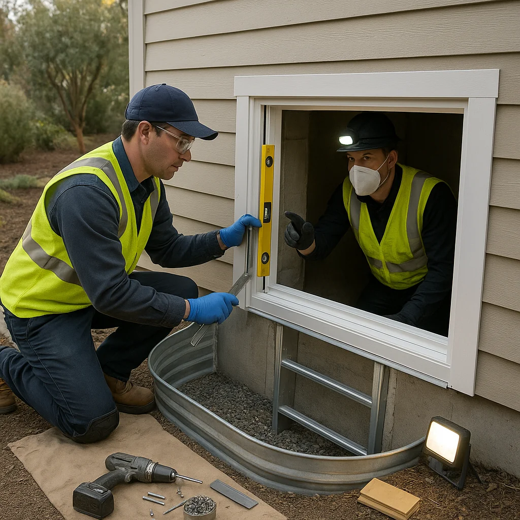 Correctly installed egress window assembly with compliant frame and safety dimensions