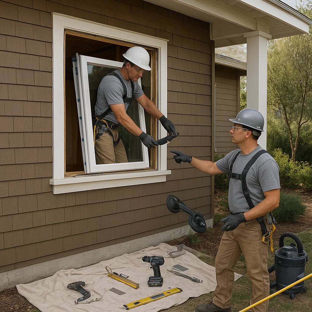 Technician installing egress window frame and measuring foundation opening
