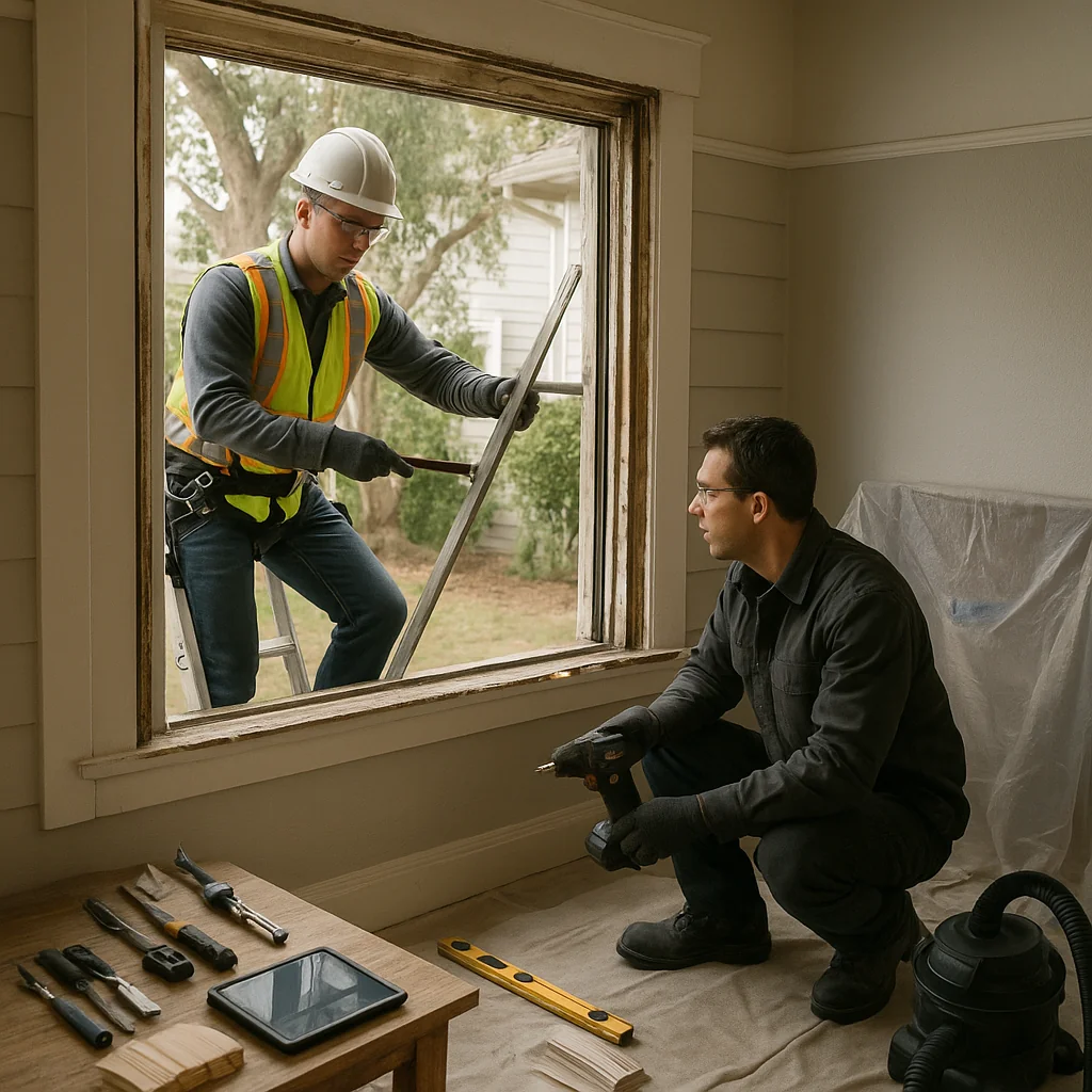 Technician sealing frame perimeter during window installation