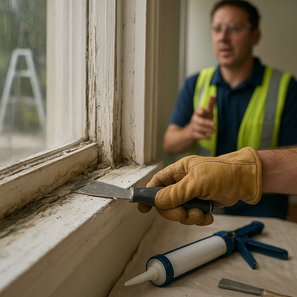 Weathered window frame showing caulk deterioration