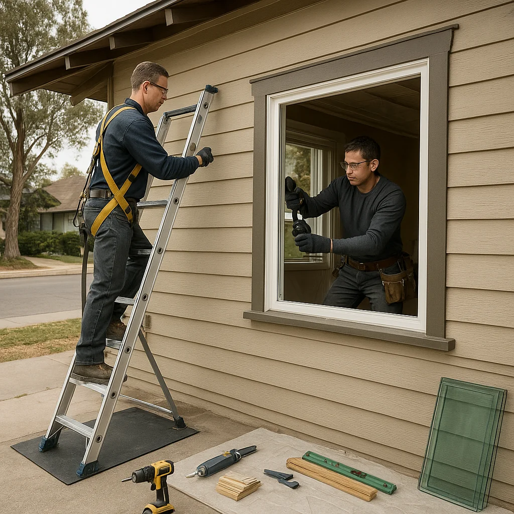 Contractor measuring and inspecting sliding glass door frame for replacement installation