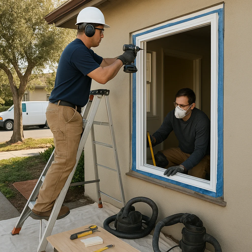 Technician installing new sliding glass door into residential frame opening