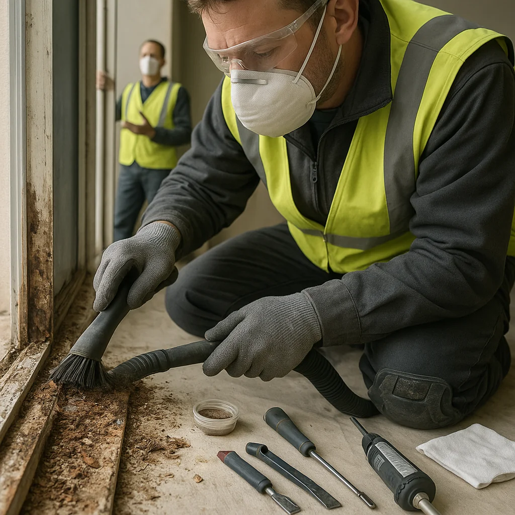 Corroded sliding door track with debris accumulation and visible deterioration