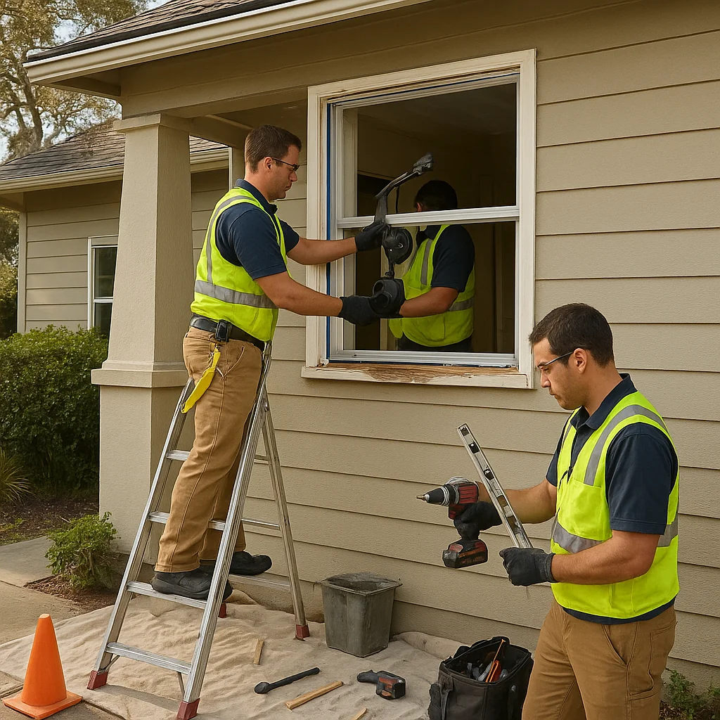 Professional technician scheduling window glass replacement appointment with San Mateo homeowner