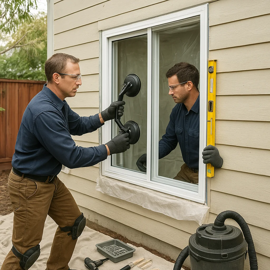 Technician removing damaged window pane from frame carefully