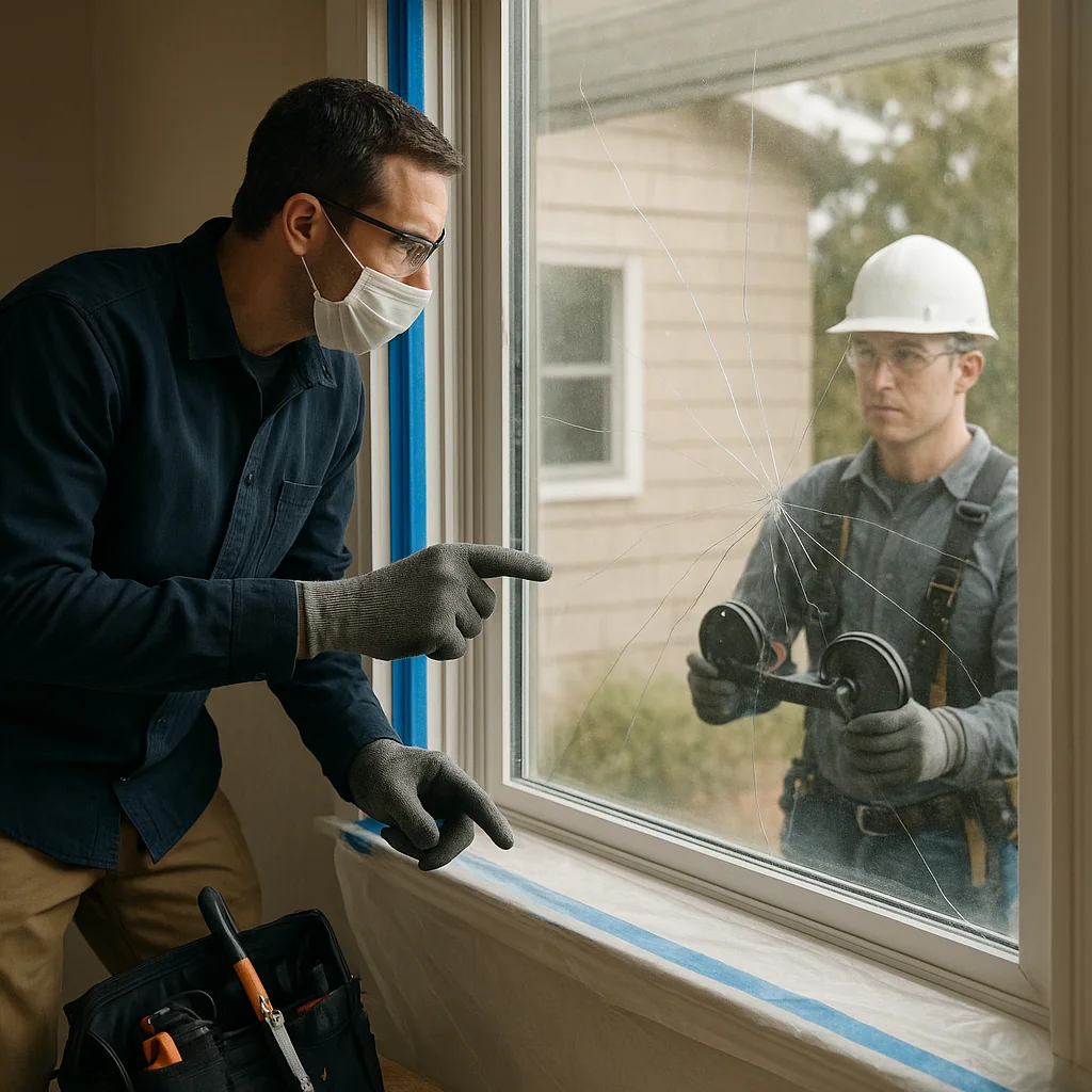 Cracked window pane with visible thermal stress fracture lines