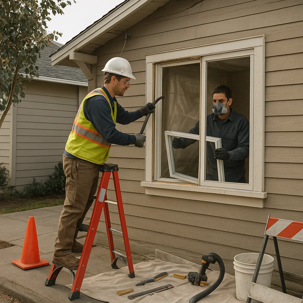 Technician installing replacement window glass with professional equipment