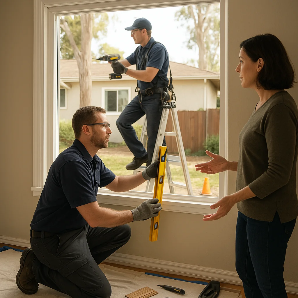 Technician inspecting damaged window frame and glass panes in San Mateo home