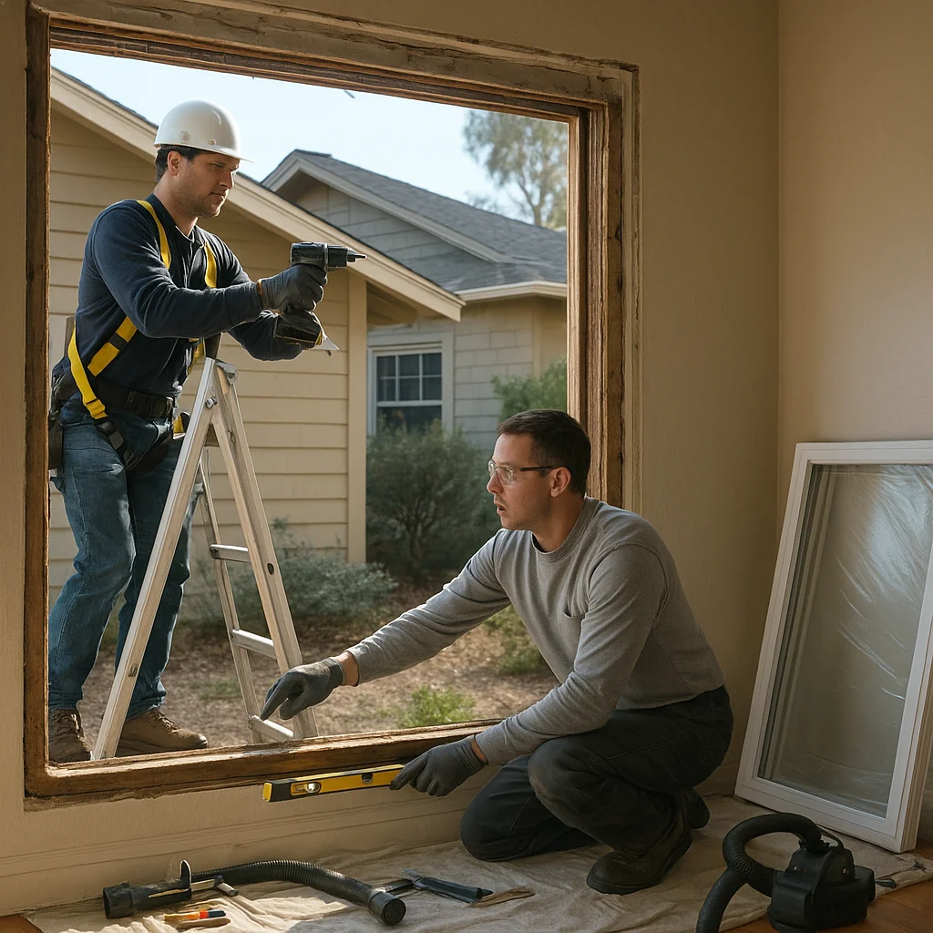 Technician performing thorough window frame inspection in San Mateo