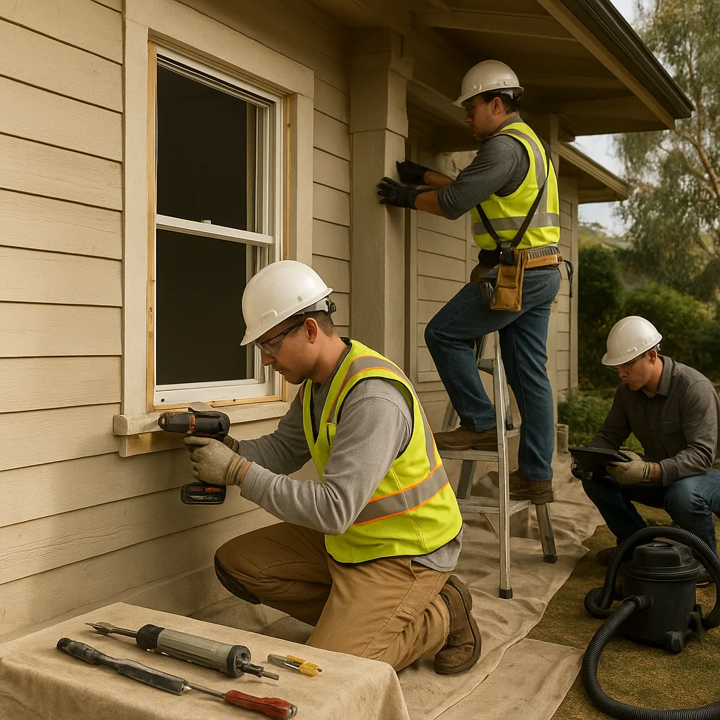 Technician carefully adjusting window sash mechanisms during repair work