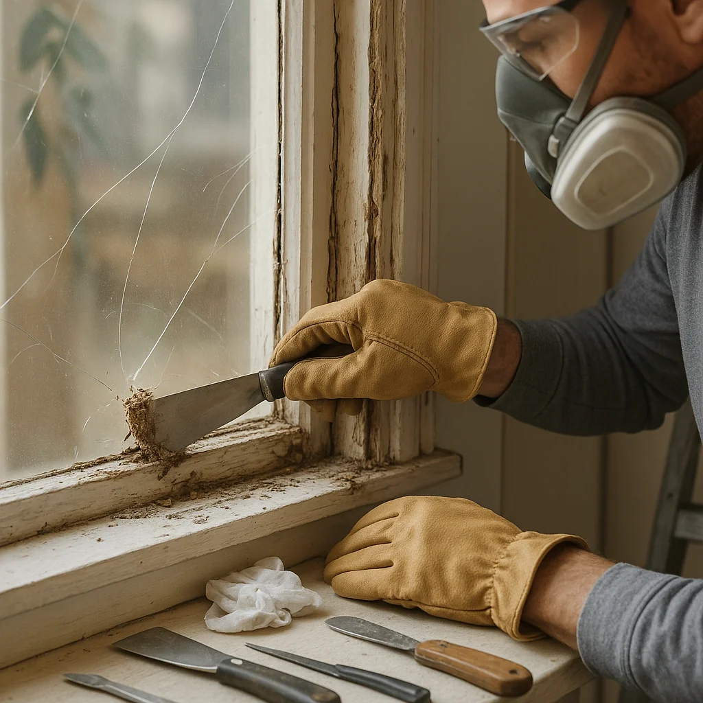 Close-up of cracked window pane showing deteriorated glazing compound around edges