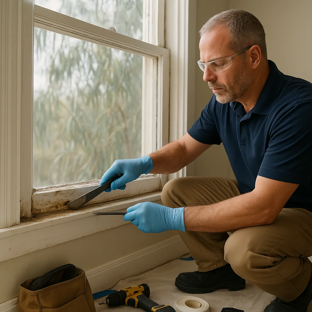 View of stuck sash with damaged weatherstripping and visible moisture stains