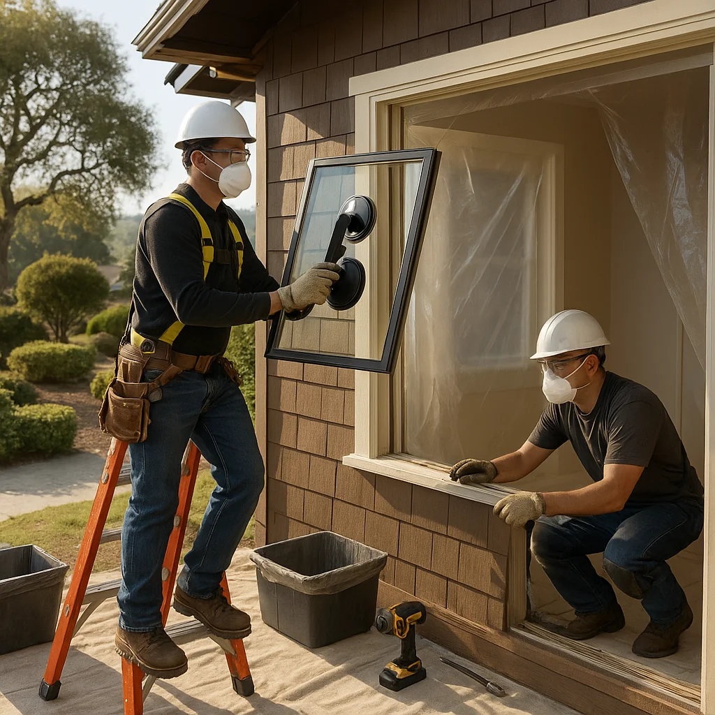 Professional window installation team preparing materials and safety equipment on a San Mateo residential property