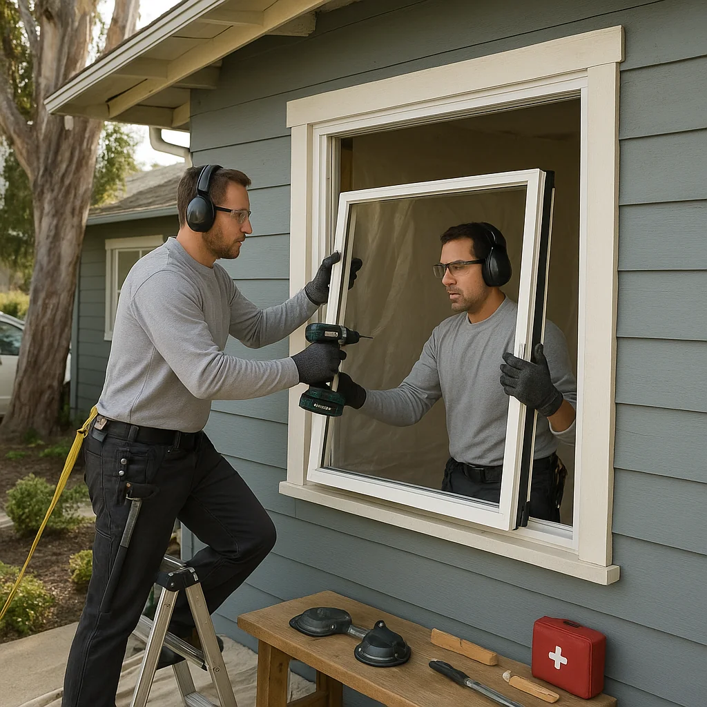 Trained technician installing a replacement window with safety equipment and protective coverings