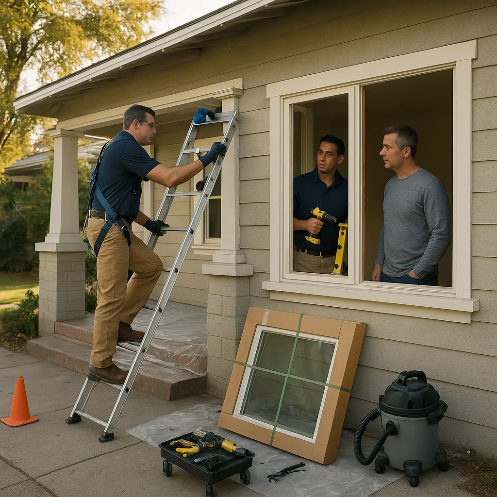 Professional installer measuring window frame opening during replacement project