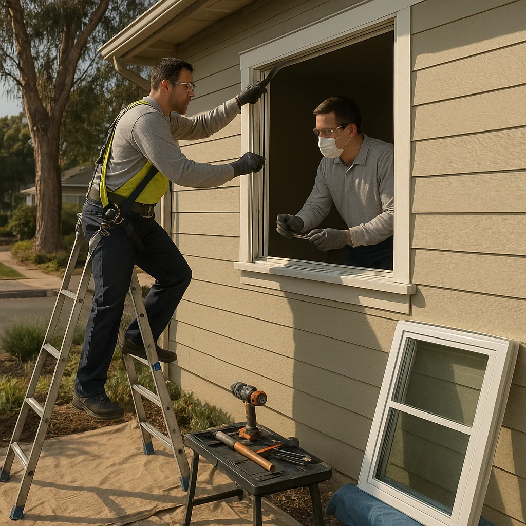 Homeowner and contractor discussing window replacement quote together