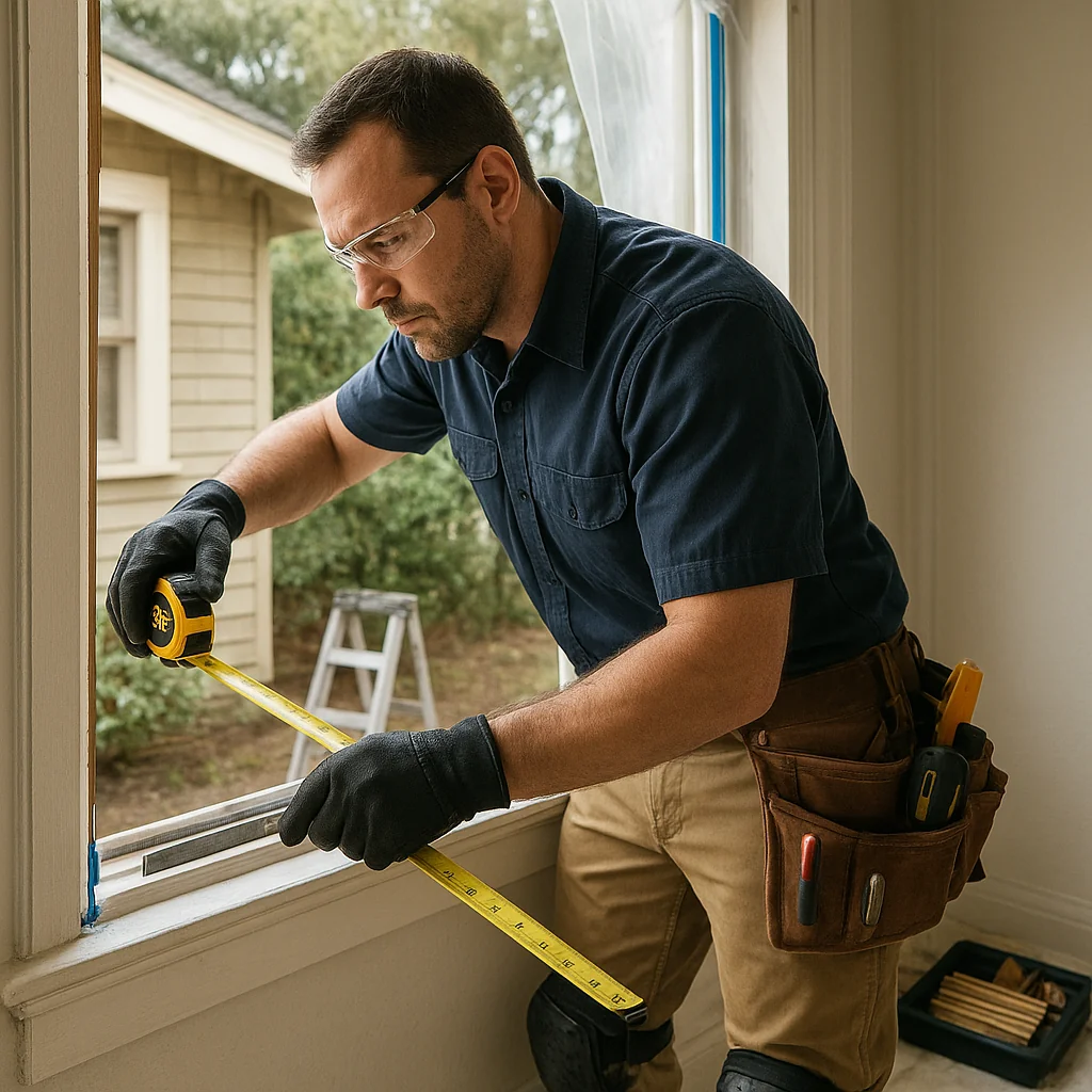 Technician measuring window frame opening for accurate installation fit