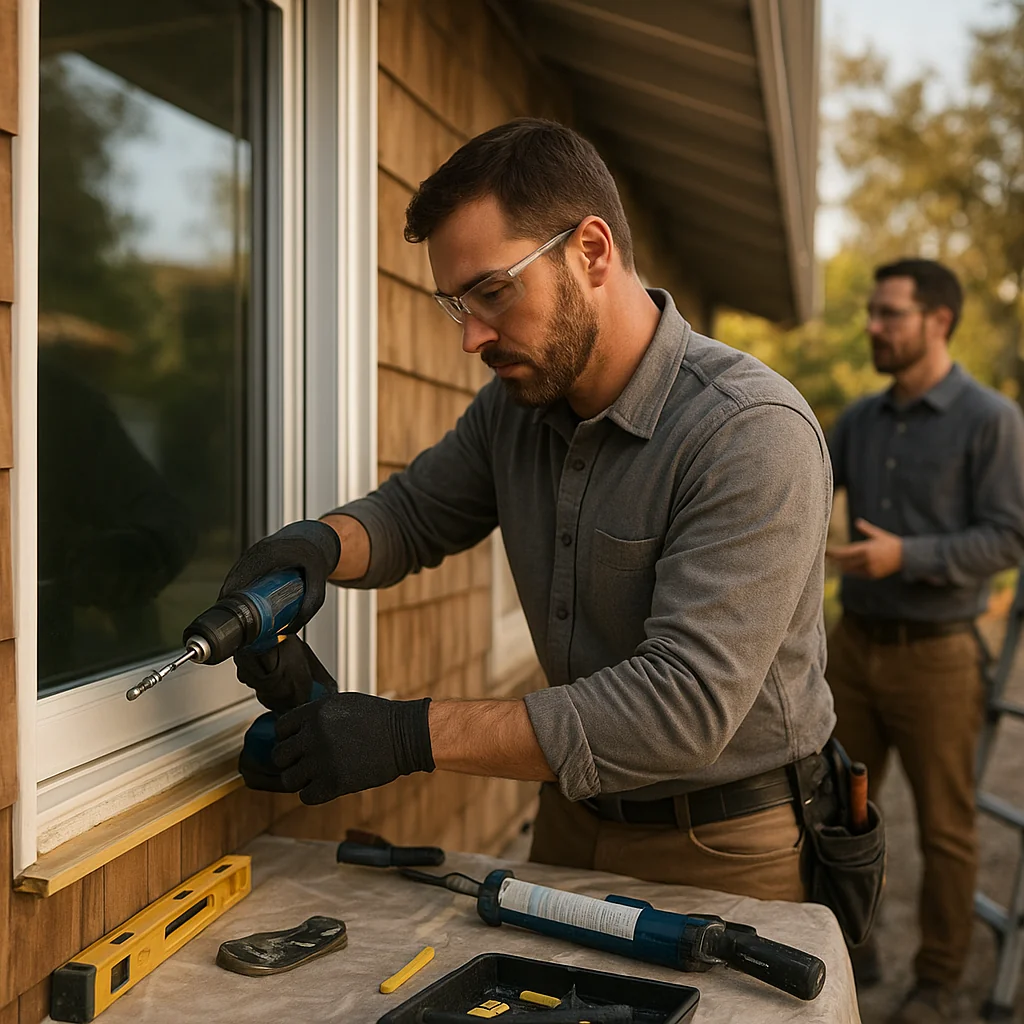 Energy-efficient window frame being secured with professional installation brackets